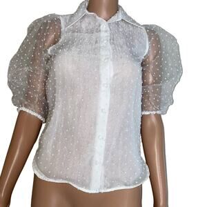 Zara shear blouse white polka dots puff sleeve sheer button up SZ XS